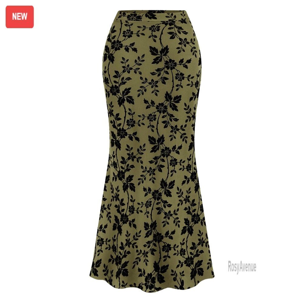 Floral Mesh Maxi Skirt High Waisted Mermaid Hem Slim Fit Stretchy